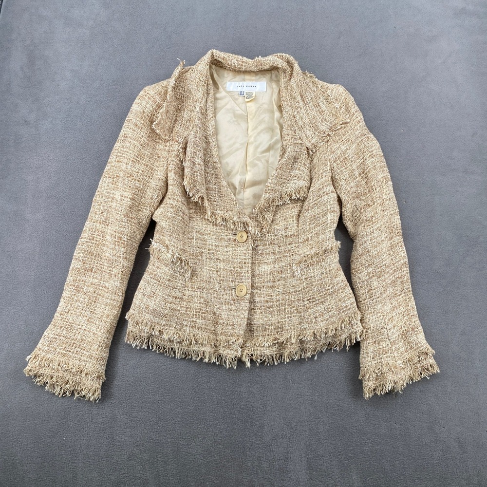 Zara Woman Tan Cream Tweed Fringed Blazer Jacket Size 4 Made in Spain 5347